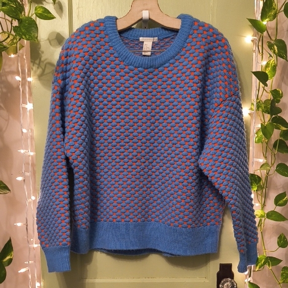 Women's H&M Bulky Heavy Football Crew Sweater Orange Blue M - Picture 2 of 13